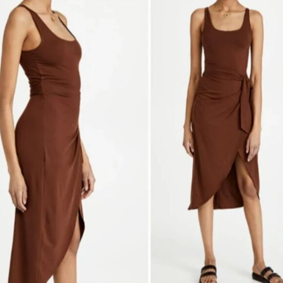 NWT Reformation Kaila Knit Dress Jersey Wrap Midi Stretch Chestnut Brown Size XL - Picture 5 of 7